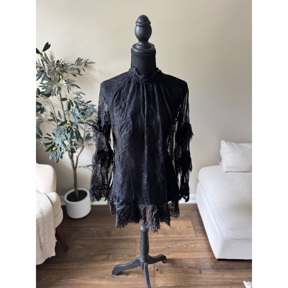 Black Floral Lace High Neck Blouse Tiered Bell Sleeve Sheer Ruffle Top